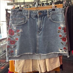 Zara Denim Floral Embroidered Skirt
